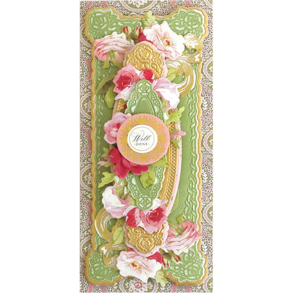 A floral card with green and pink hues, made using 3D Rose Slimline Concentric Frame Dies technology for card making by Anna Griffin.