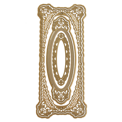 An Anna Griffin ornate gold frame with an ornate design, perfect for floral cards and card making, like the 3D Rose Slimline Concentric Frame Dies.