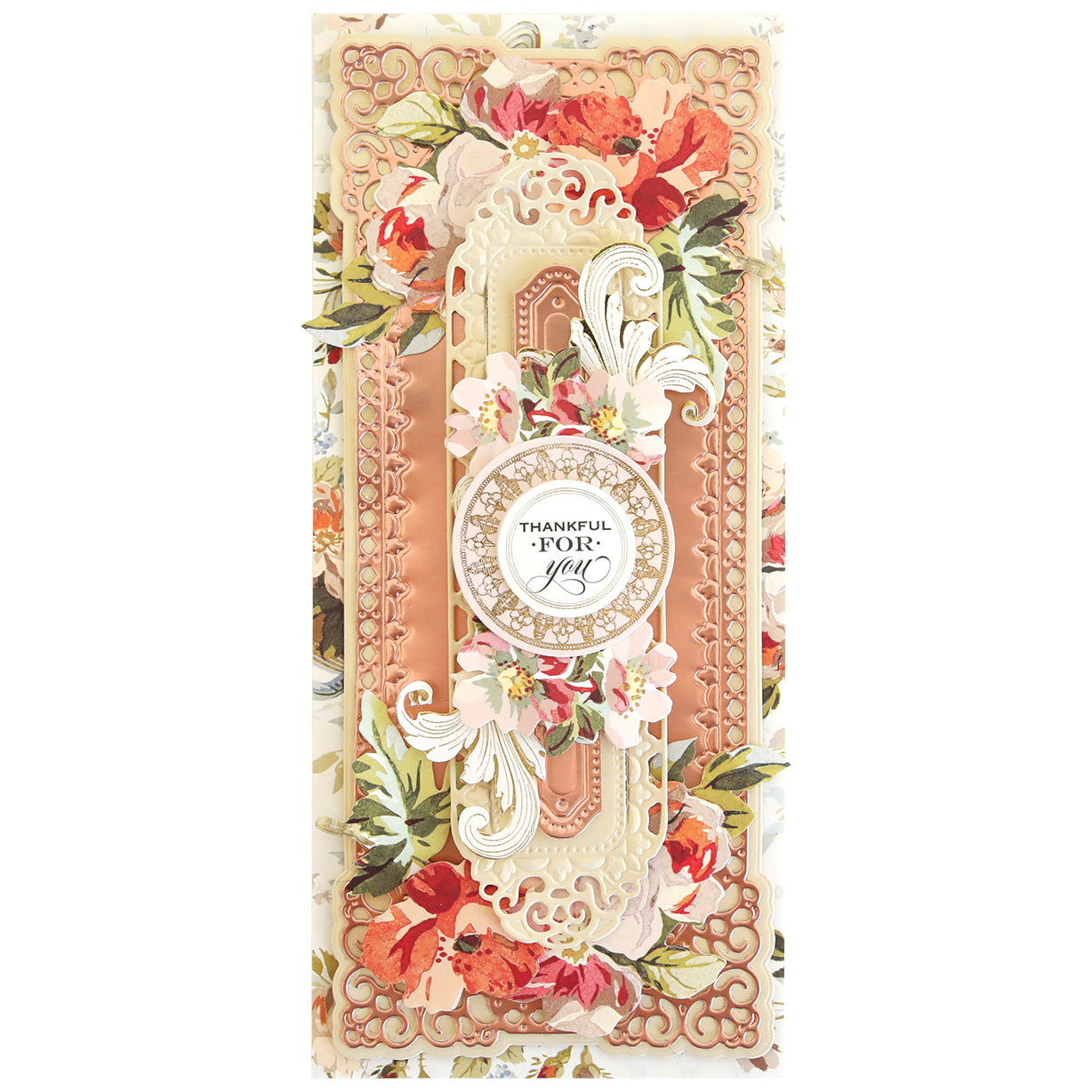 A card with a floral design on it, featuring 3D Oblong Slimline Concentric Frame Dies with intricate cutting and multi-level embossing.