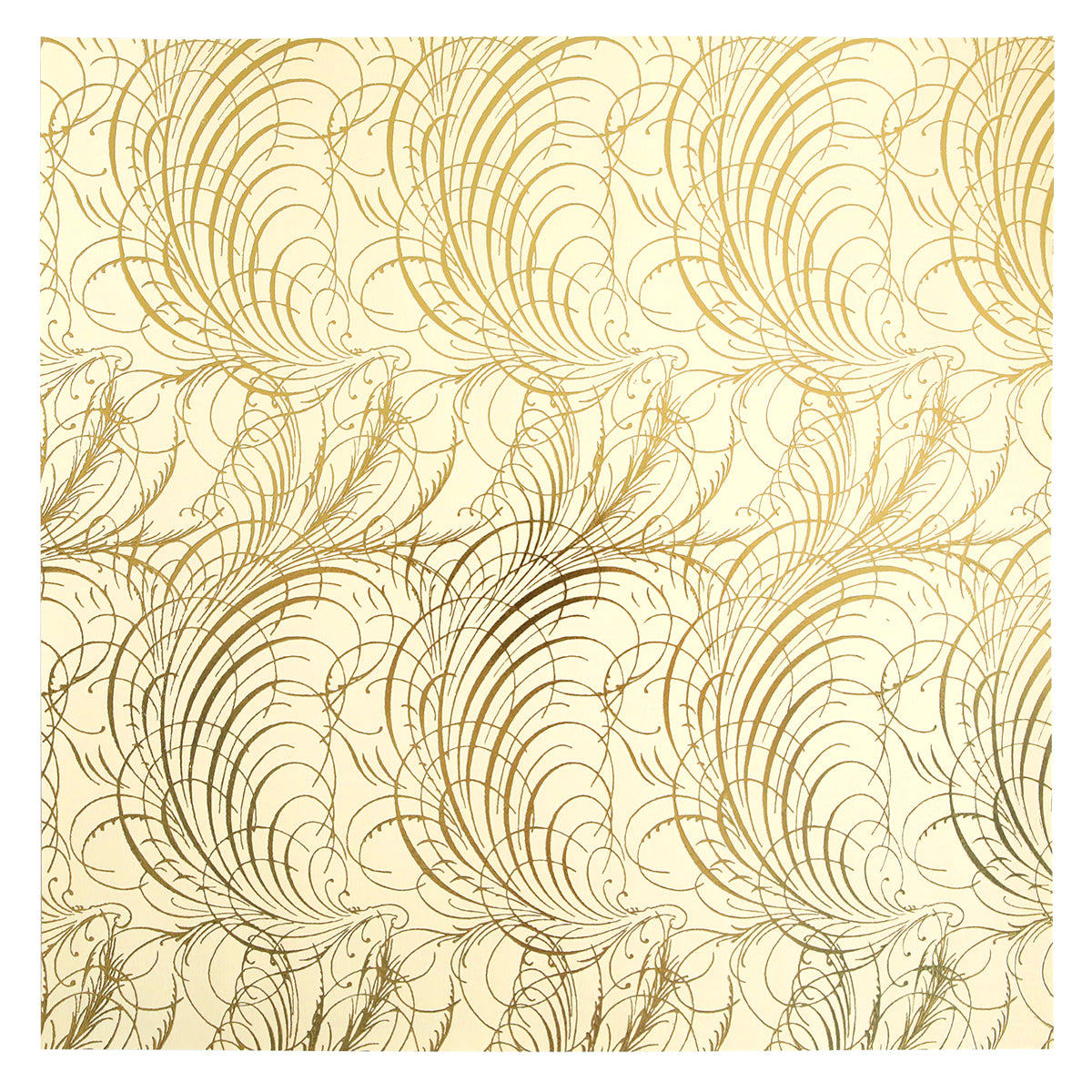 An Anna Griffin Gold Foil Feather 12x12 Cardstock wallpaper with swirls on it.