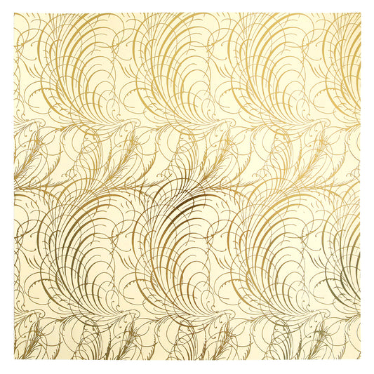 An Anna Griffin Gold Foil Feather 12x12 Cardstock wallpaper with swirls on it.