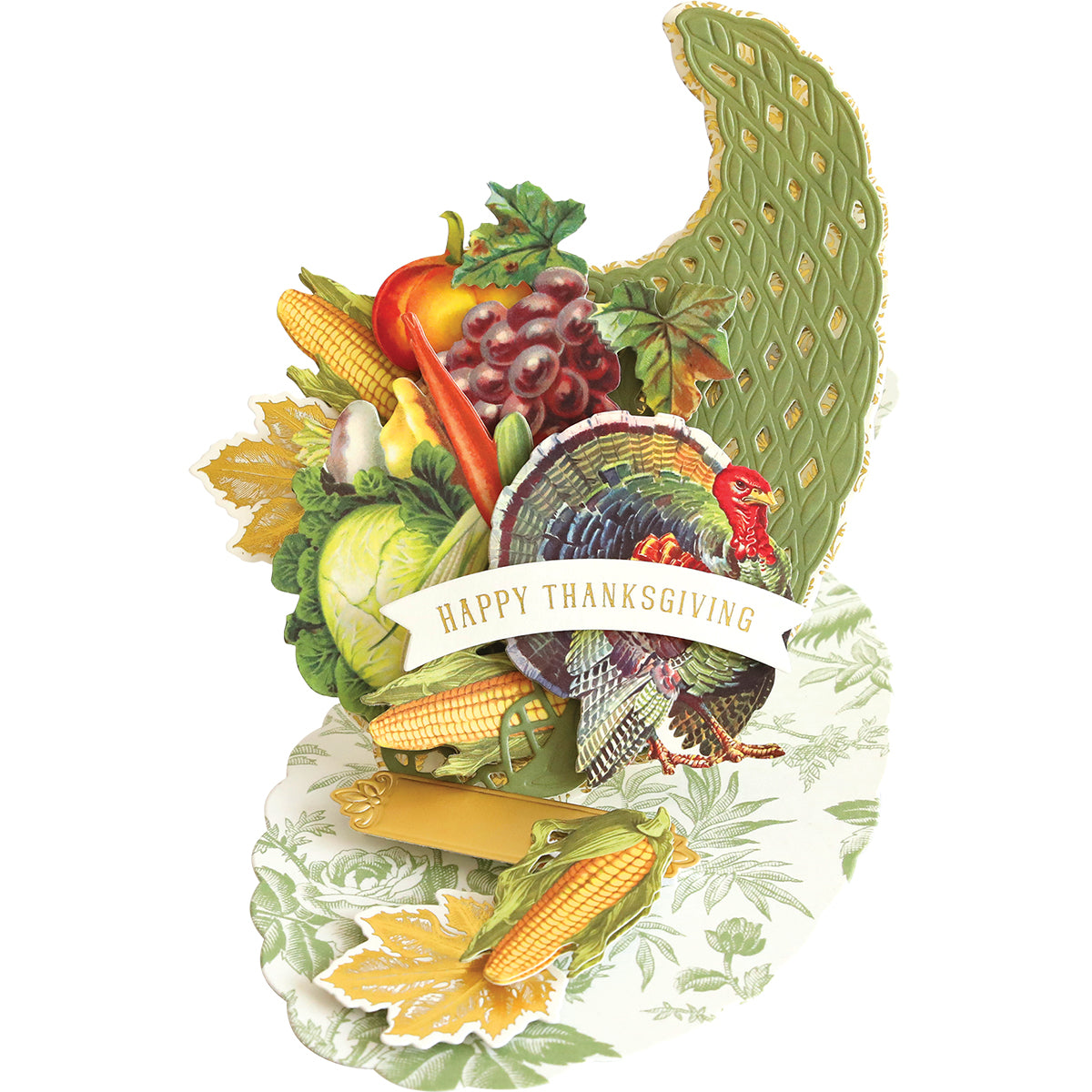 A Cornucopia Harvest Easel Card Set featuring a cornucopia filled with fall produce and a turkey, with a banner that reads “HAPPY THANKSGIVING.”