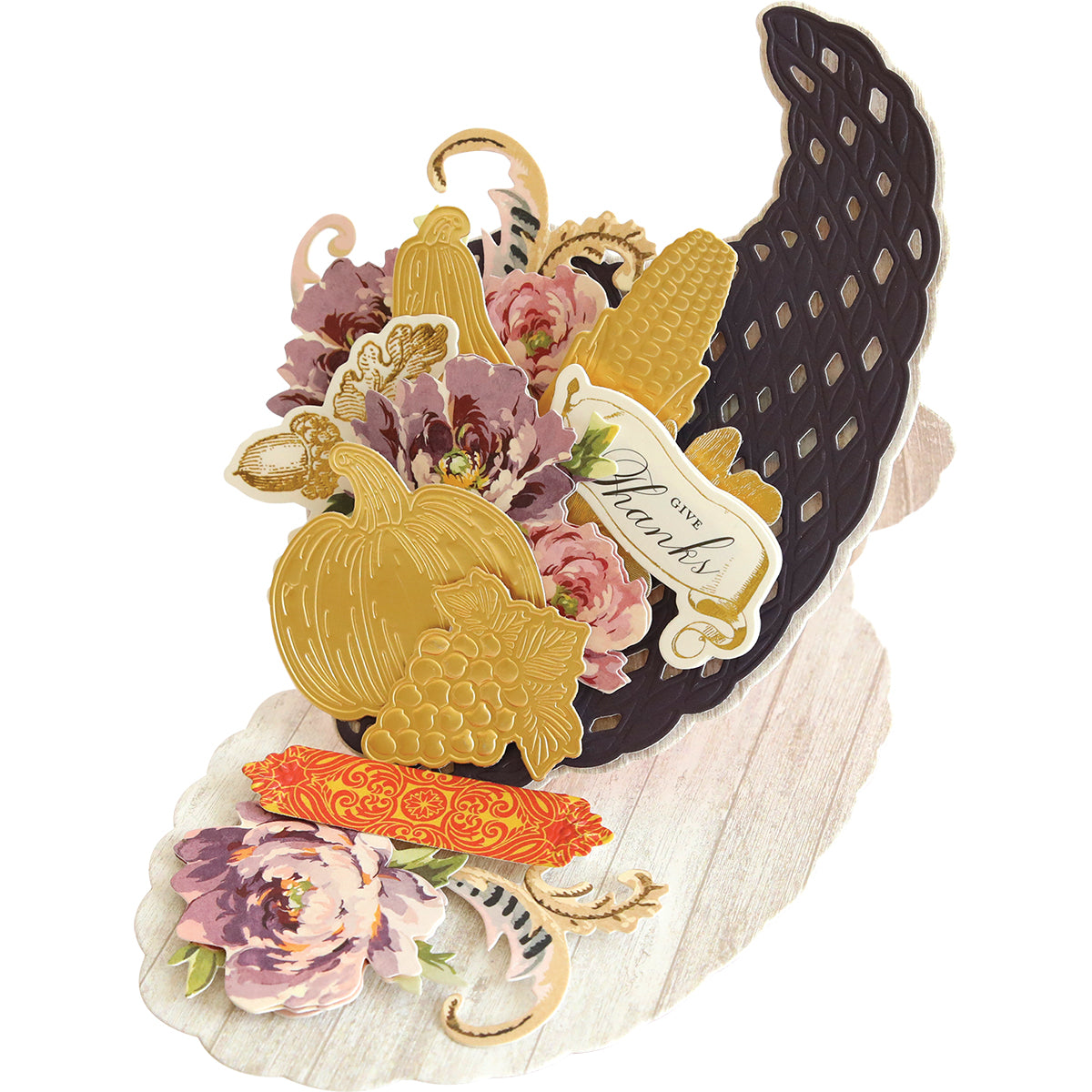 A Cornucopia Harvest Easel Card Set shaped like a cornucopia, overflowing with gold-foiled pumpkins, corn, and flowers, featuring a banner that reads “Give Thanks.”