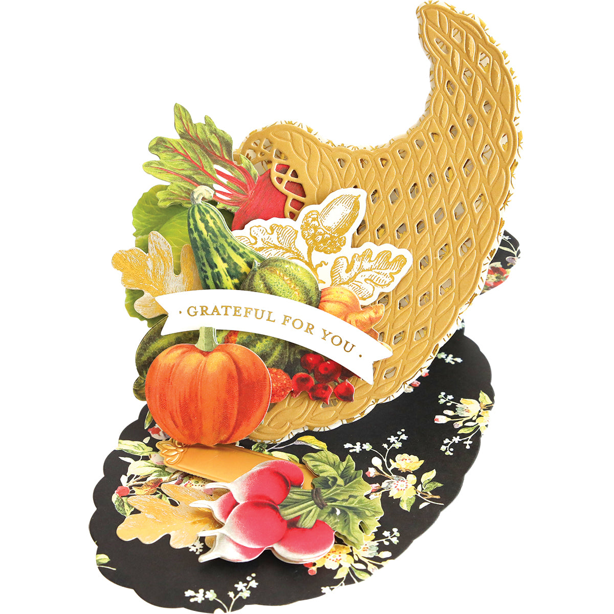 Cornucopia Harvest Easel Card Set shaped like a horn of plenty filled with autumn produce, featuring a banner that reads “GRATEFUL FOR YOU.”