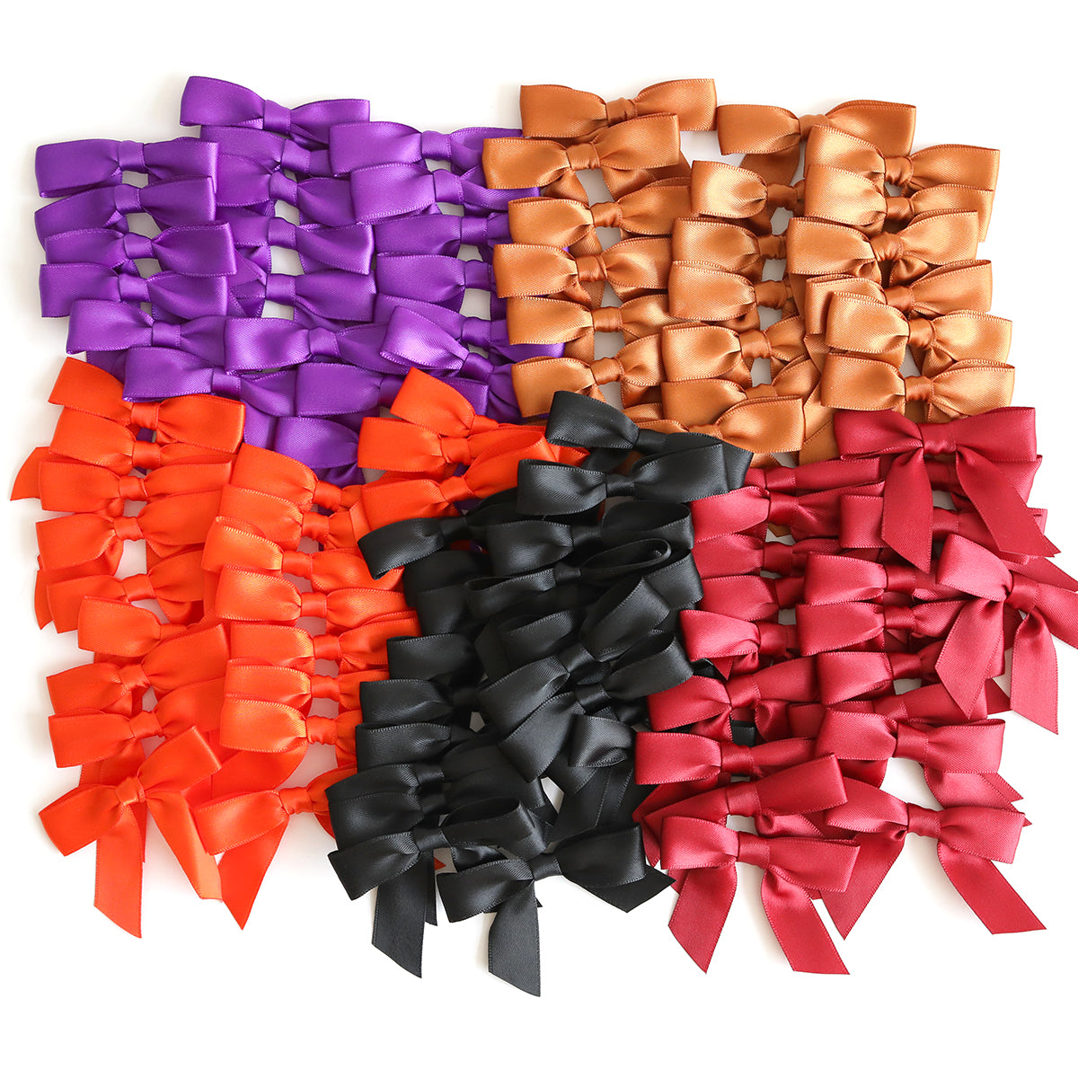 A collection of small satin bows in purple, gold, orange, black, and red—arranged in tidy rows and perfect for adding a festive touch to your Haunted Halloween Haul or embellishing your favorite Halloween stickers.
