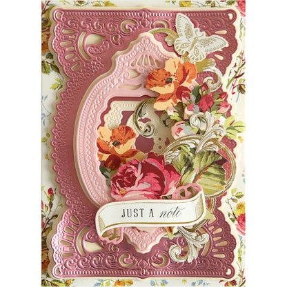 A beautiful pink and white card embellished with delicate flowers using Beautiful Birthday Dies.