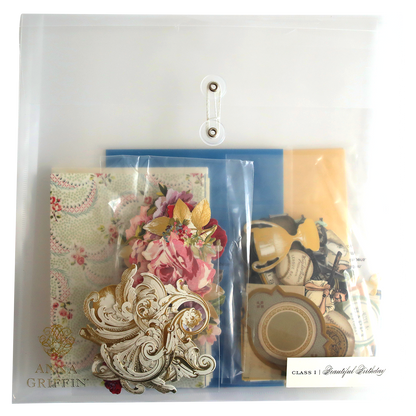 An assortment of Beautiful Birthday Class Materials and Dies packaged in a clear plastic bag.