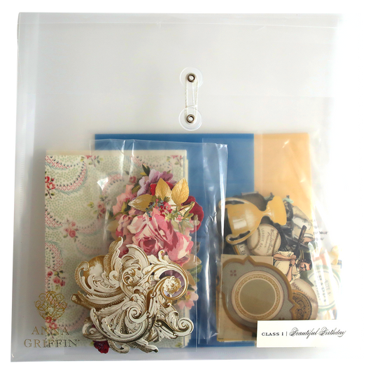An assortment of Beautiful Birthday Class Materials and Dies packaged in a clear plastic bag.