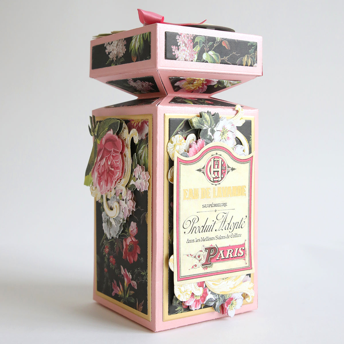 A pink box with a floral design on it, perfect for storing and gifting loved ones Perfume Box Dies.