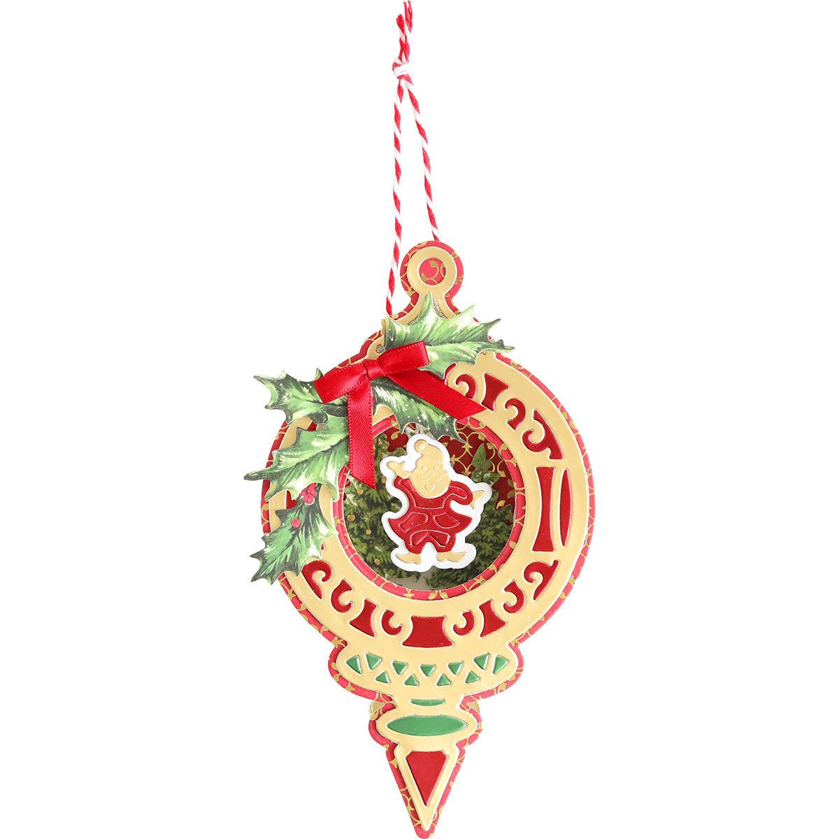 An Anna Griffin Christmas ornament adorned with holly and a Santa Claus, decorated with festive embellishments.