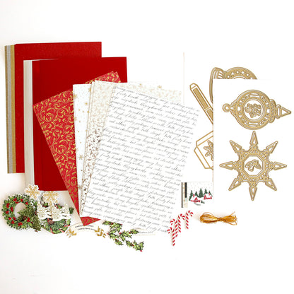 A collection of Heirloom Ornaments Class Materials and Dies by Anna Griffin featuring embellishments and supplies on a white background.