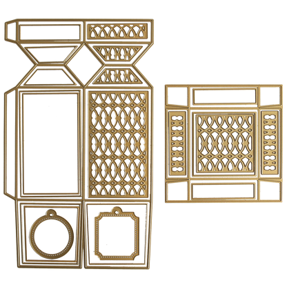 Perfume Box Dies: Set of two gold-colored metal dies with detailed geometric and lattice patterns, ideal for crafting or card making. Includes a rectangular multi-shape template and a single rectangle—great for fragrance gift boxes.