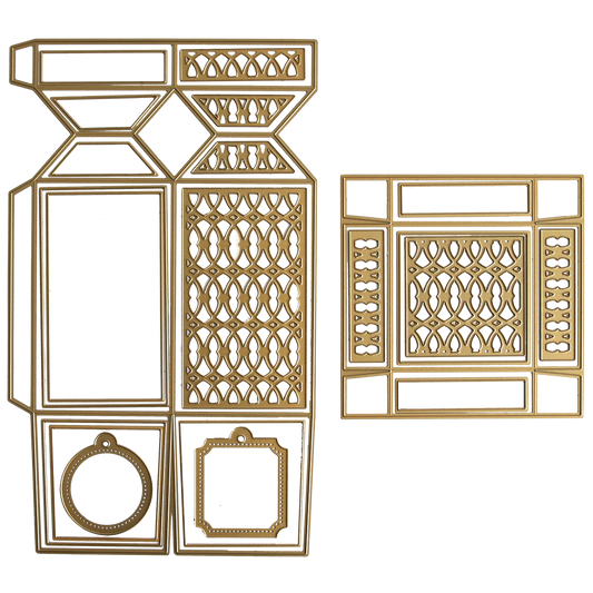 Perfume Box Dies: Set of two gold-colored metal dies with detailed geometric and lattice patterns, ideal for crafting or card making. Includes a rectangular multi-shape template and a single rectangle—great for fragrance gift boxes.