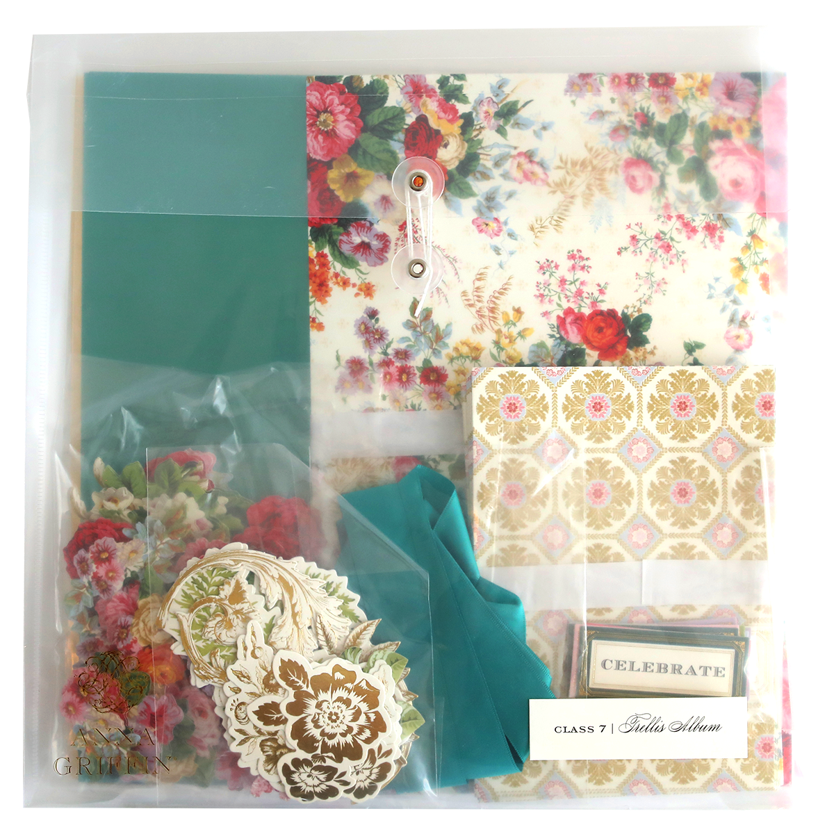 A gift bag filled with a variety of Trellis Album Class Materials and Dies and crafting supplies.