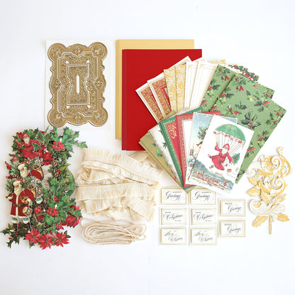 A collection of Anna Griffin Victorian Christmas Class Materials and Dies on a white surface.