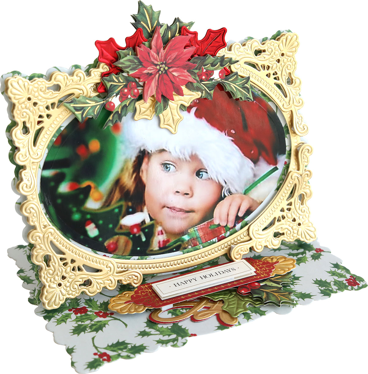 An Anna Griffin Photo Finish Easel Card featuring a family photo, surrounded by a festive Christmas frame.