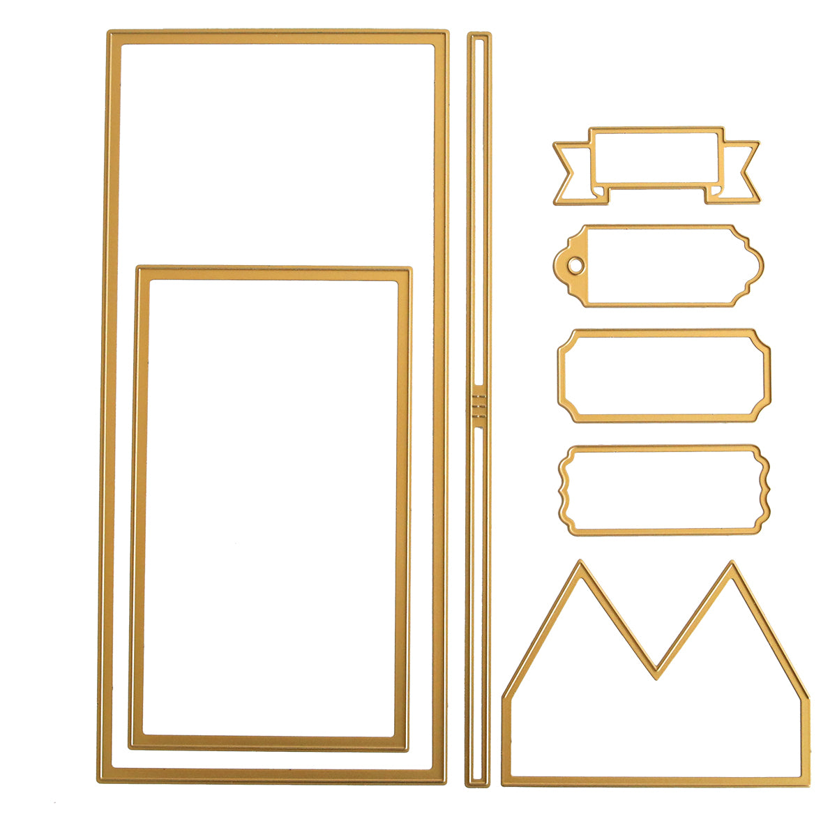 The "Holiday Crackers Dies," featuring die-cut metal frames in various rectangular, tag, and geometric shapes with a gold finish, create elegant Christmas table decorations.