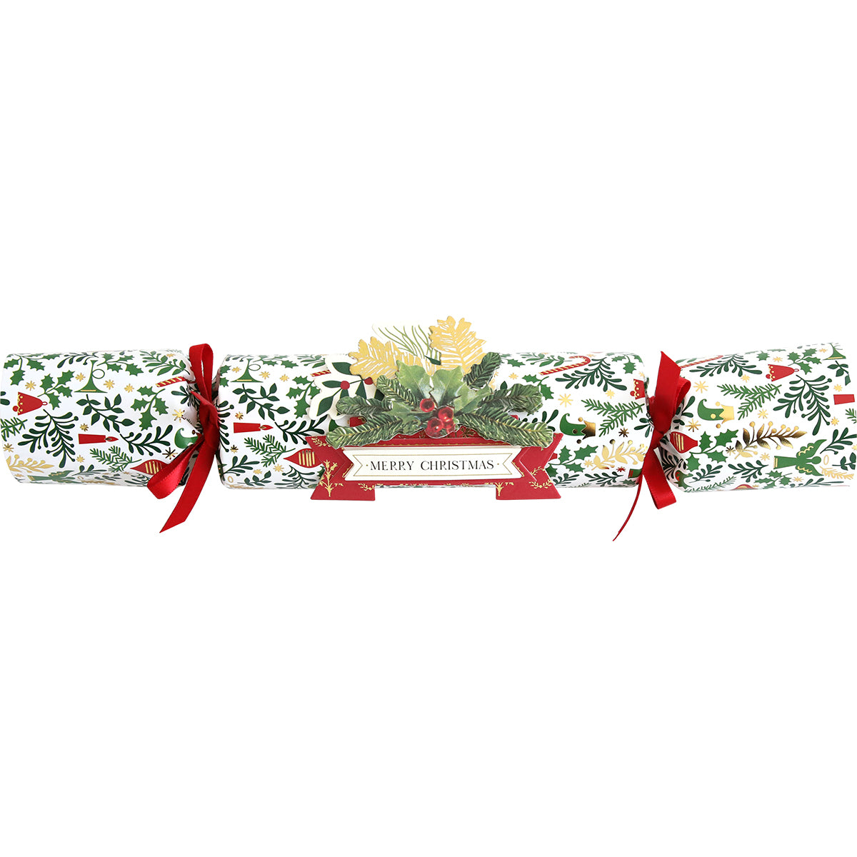 Fun favors - a set of Christmas Crackers Dies with festive red and green ribbons.