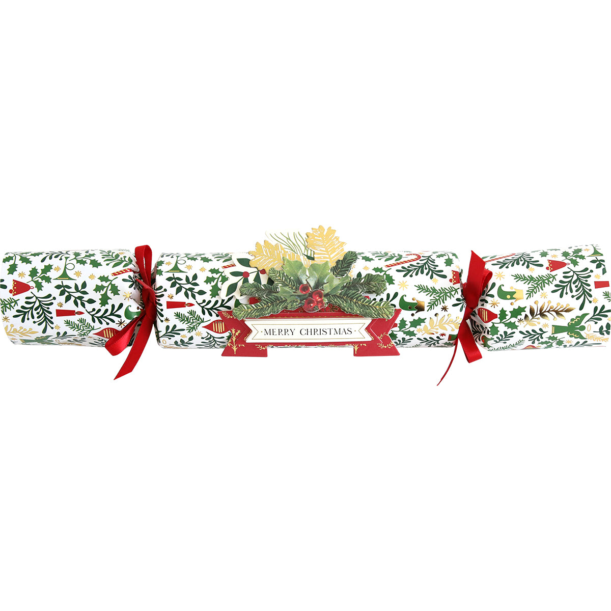 The Holiday Crackers Dies, adorned with a decorative holly and pine design and tied with red ribbons, features a "Merry Christmas" label in the center, adding charm to your Christmas table decorations. Inside, find small gifts that bring joy to your festivities.