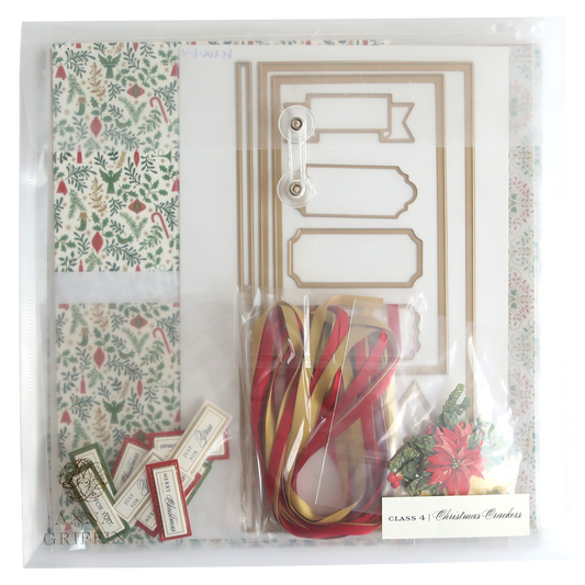 A collection of table decorations, Christmas Crackers Class Materials and Dies, and small gifts in a plastic bag.