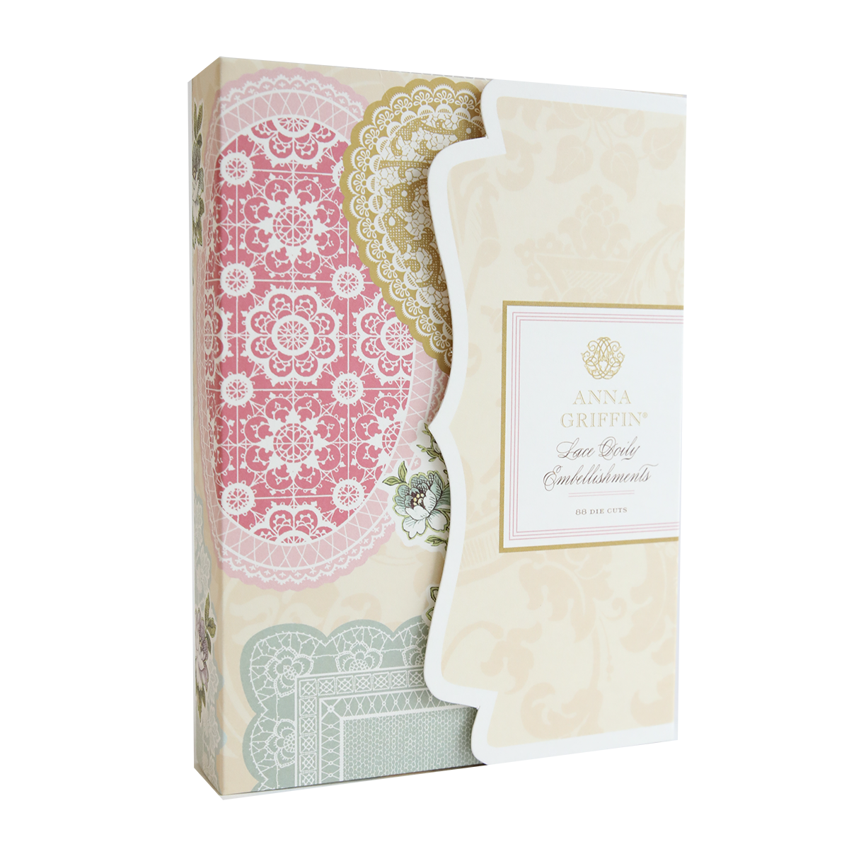 A pink and white box adorned with Lace Doily Embellishments.