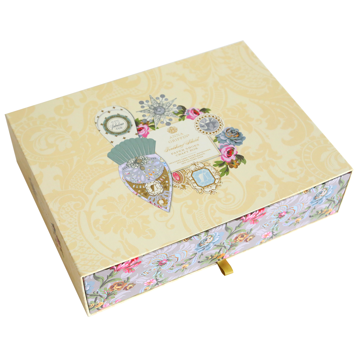 A beautifully crafted Paper Shoes Finishing School Craft Box adorned with a delicate floral design. Perfect for special occasions or as a decorative storage solution.