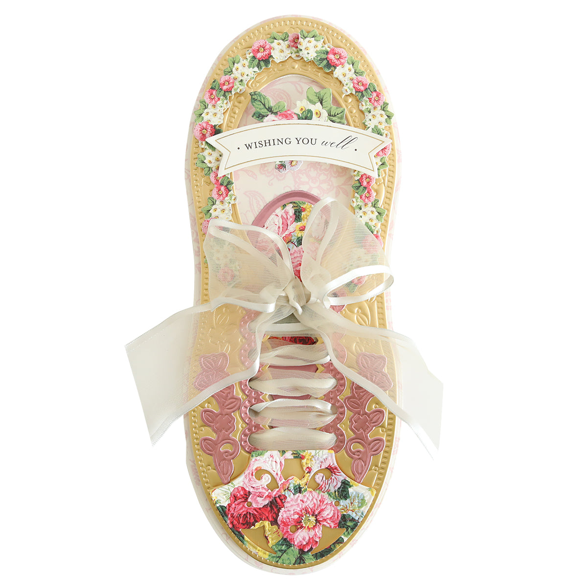 Colorful card shaped like a shoe, decorated with flowers and a ribbon, perfect for the sneakerhead in your life. Featuring a message that reads "Wishing you well." Introducing Paper Sneaker Dies.