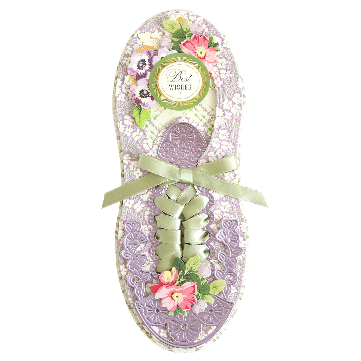 A Paper Sneaker Dies-shaped, intricate floral greeting card with pastel colors, featuring flower patterns and a "Best Wishes" message on the front. Perfect for the shoe lover, it includes a green ribbon laced at the center.