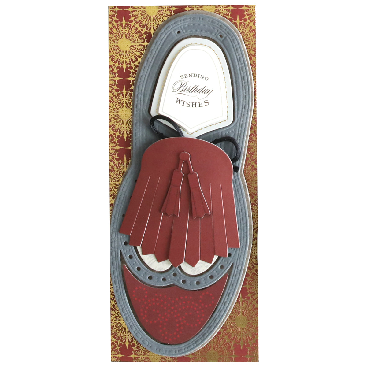 This Paper Wingtips Refill Kit, made from premium cardstock, features a decorative shoe design with a tassel on the front and 3D embellishments. Inside, it warmly conveys "Sending Birthday Wishes." Perfect to include in a personalized Craft Box for that special someone.
