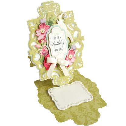 A Simply Birthday Easel Card Making Kit with a green frame and flowers.