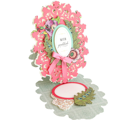Simply Thank You Card Making Kits featuring a pink die-cut frame, floral accents, a pink ribbon, and a central label reading “WITH gratitude.”