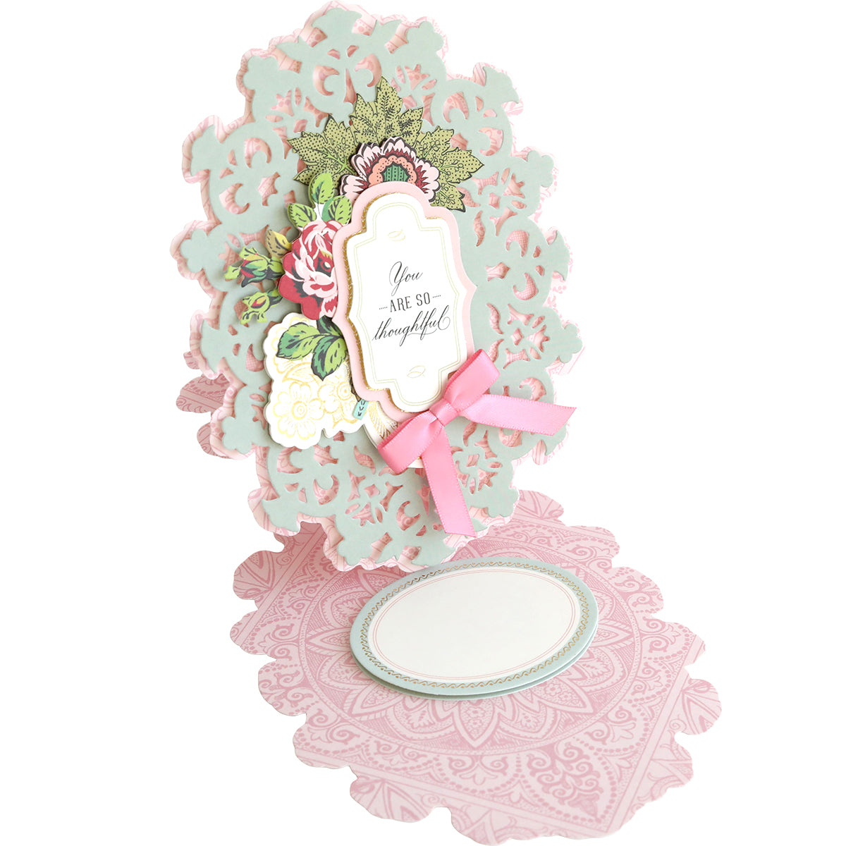A 2024 Simply Easel Card Making Kit Autoship with a floral design and the message "you are so thoughtful," accompanied by a small pink bow.
