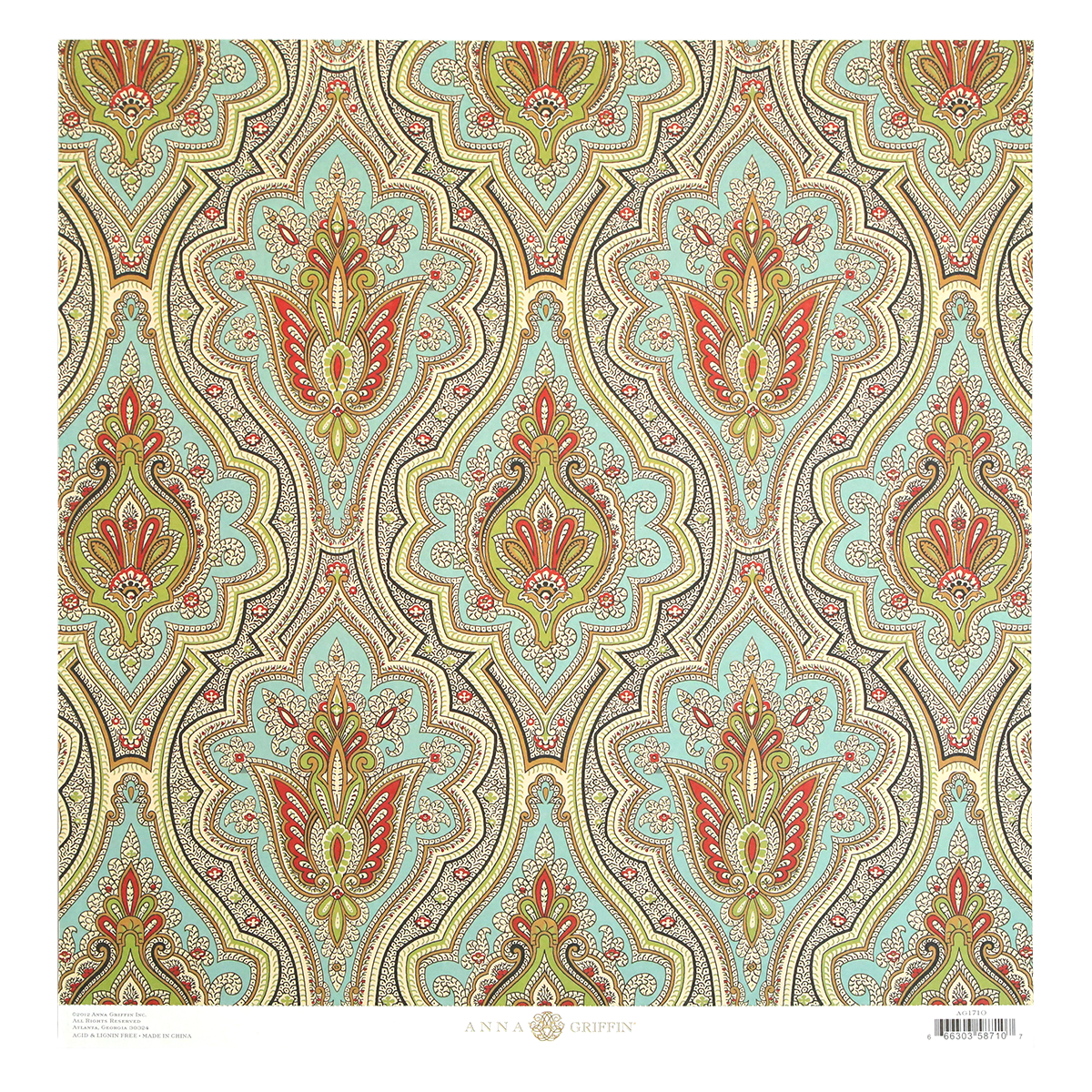 This Haven Blue Damask 12X12 Cardstock pack by Anna Griffin features a vibrant blue and red paisley pattern on a blue background.