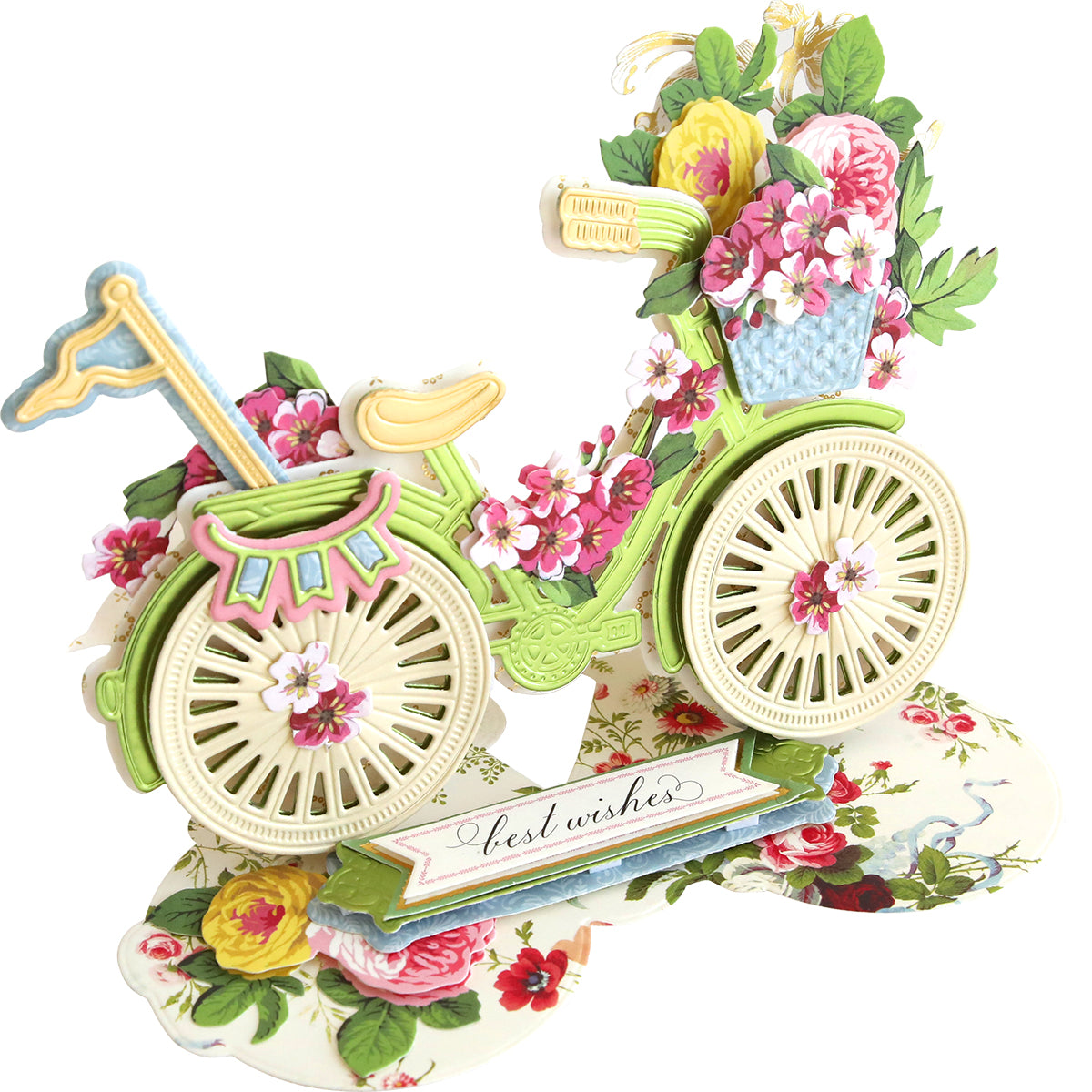 A three-dimensional greeting card featuring a whimsical representation of a 3D Bicycle Easel Die adorned with colorful flowers and embellishments, along with a "best wishes" banner.