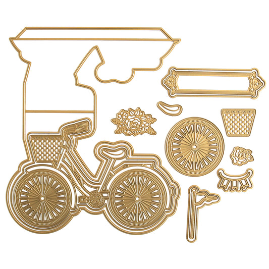 A collection of 3D Bicycle Easel Die cuts featuring various parts of a tricycle, decorative elements, and embellishments.