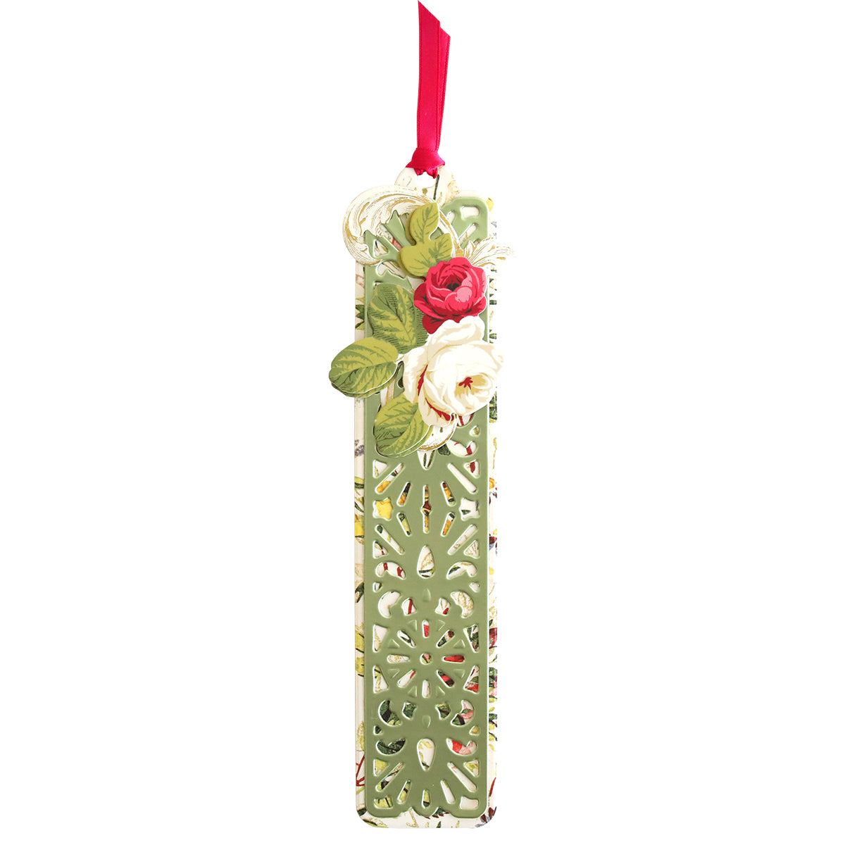 A green bookmark embellished with roses using Bookmark Dies techniques.