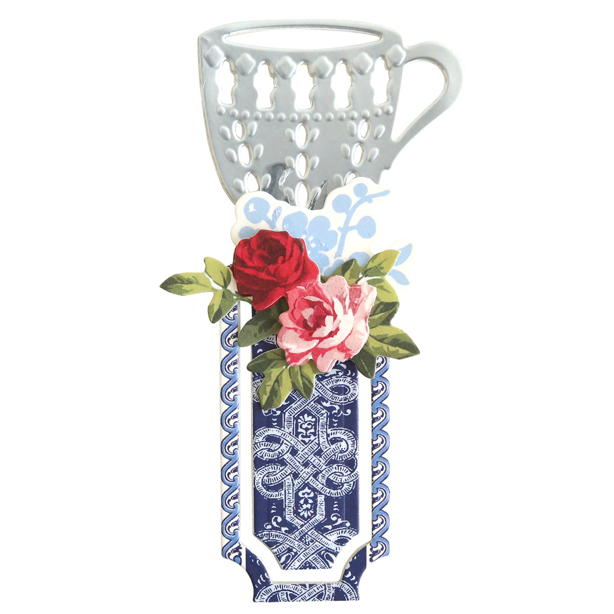 A blue and white Bookmark Dies with roses in it.