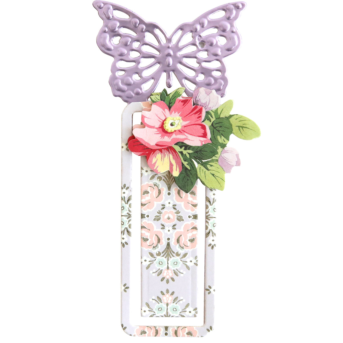 A custom Bookmark Dies with a butterfly and flowers on it.