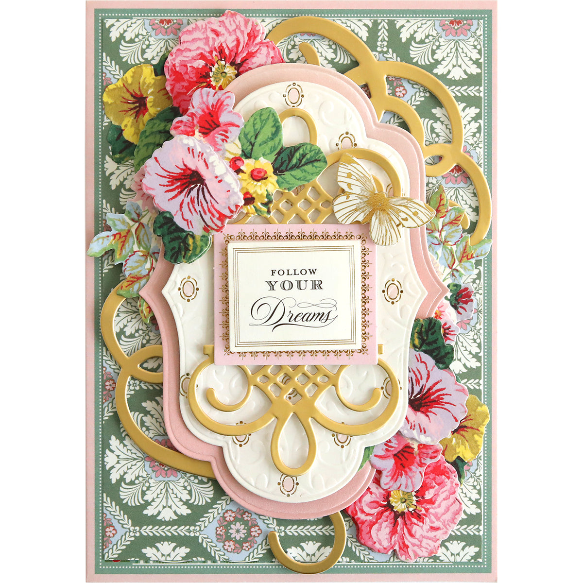 A Flourish Die Bundle adorned with pink flowers and a decorative gold frame, perfect for cardmaking projects.
