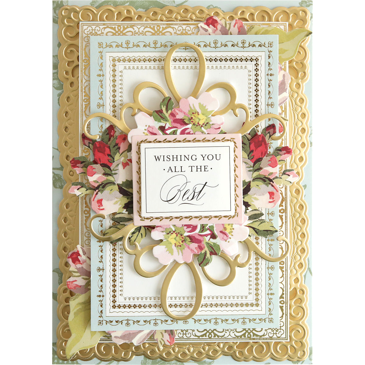 A Flourish Die Bundle adorned with decorative flowers and a gold frame.