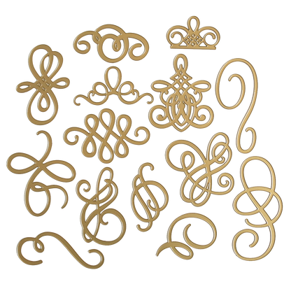 A collection of the Flourish Die Bundle, fancy, gold-plated ornaments and decorative swirls designed specifically for cardmaking projects.