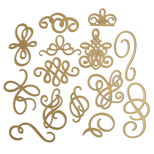 A collection of the Flourish Die Bundle, fancy, gold-plated ornaments and decorative swirls designed specifically for cardmaking projects.