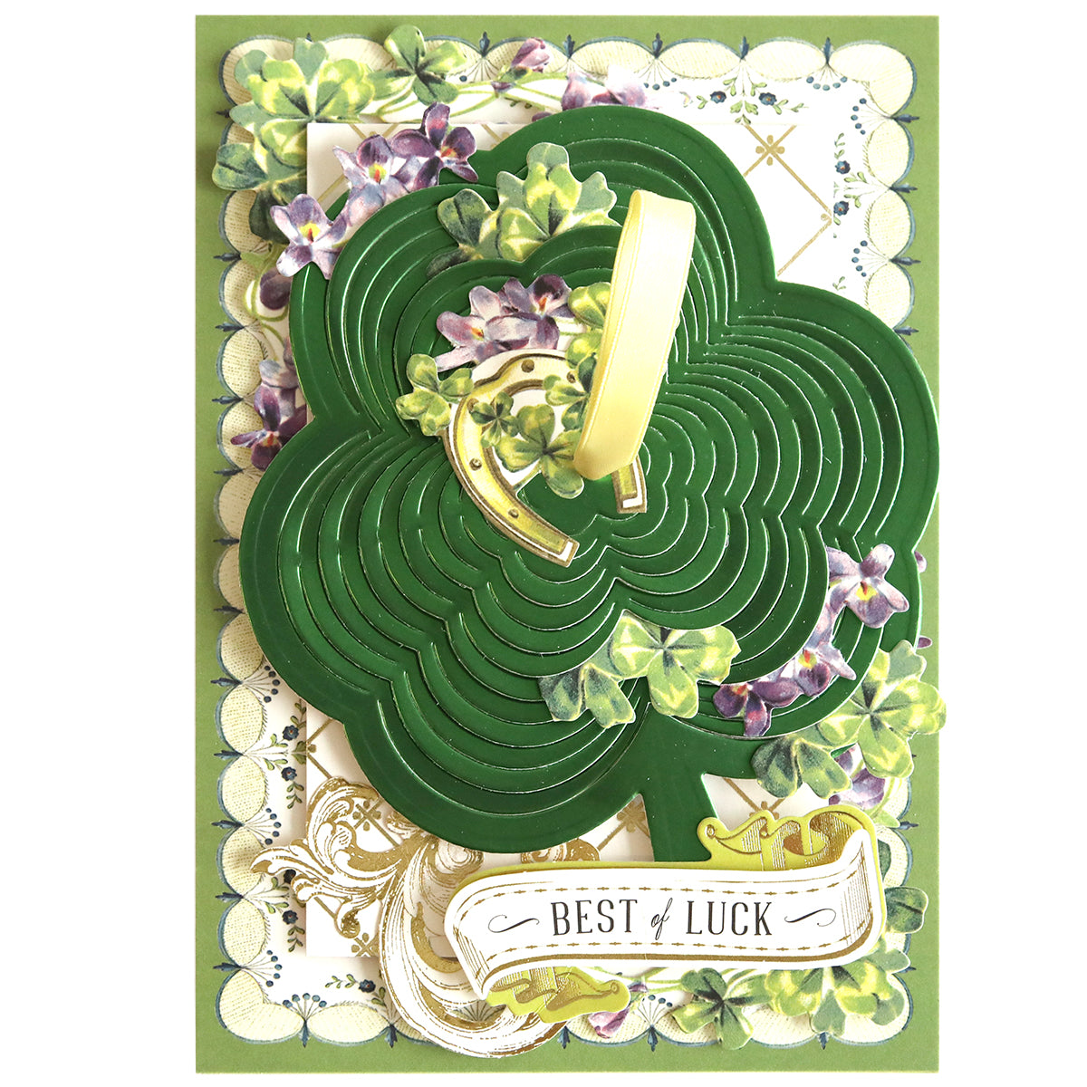 Celebrate St. Patrick's Day with a vibrant card featuring a Shamrock Kirigami Dies design adorned with beautiful flowers.