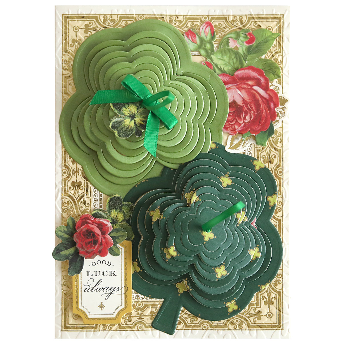 Celebrate St. Patrick's Day with a beautifully crafted card featuring shamrocks and roses, made using the Anna Griffin Empress Machine. Use the Shamrock Kirigami Dies for an