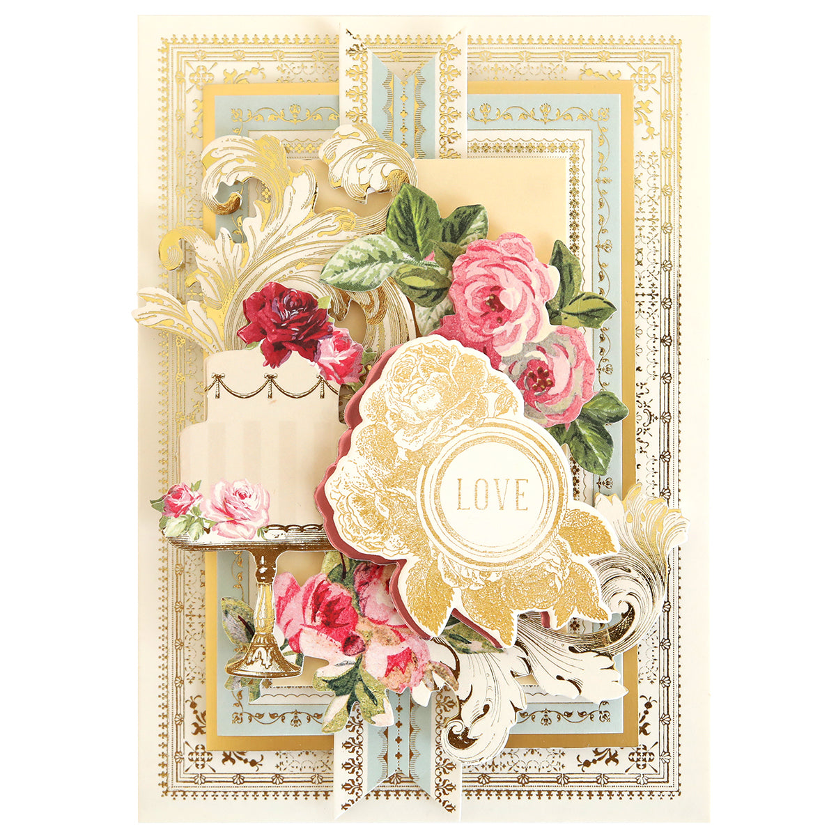 An ornate greeting card featuring floral designs from Flower Language Stamps and Dies and the word "love" in the center.