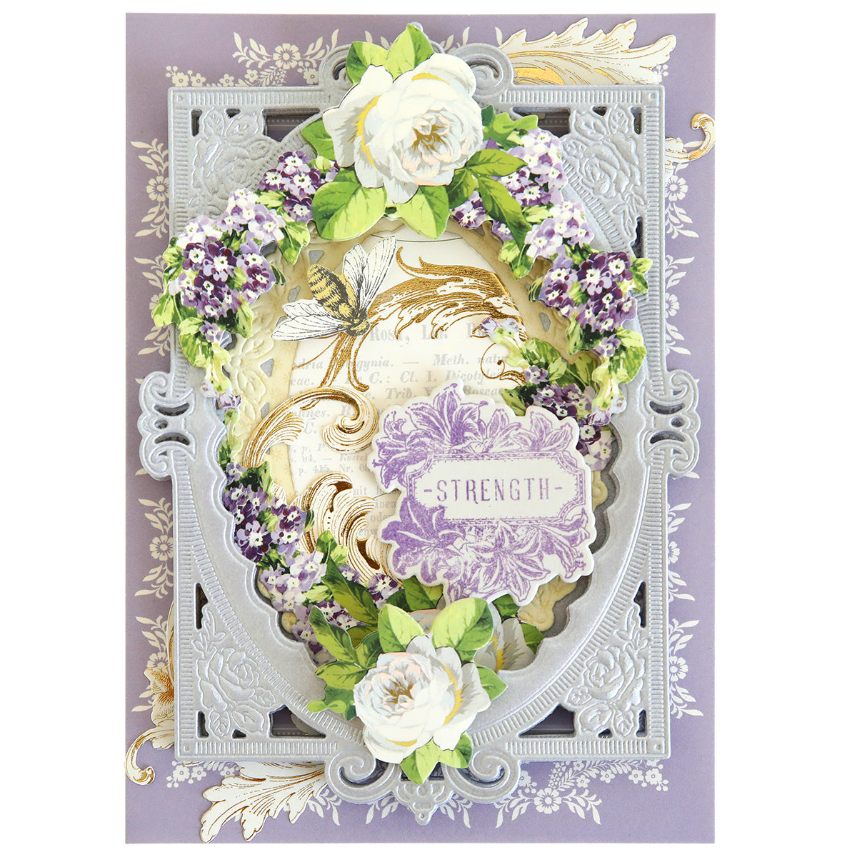 An ornate greeting card featuring a floral wreath design created with Flower Language Stamps and Dies, with white and purple flowers, and the word "strength" prominently displayed in the center on a purple label.
