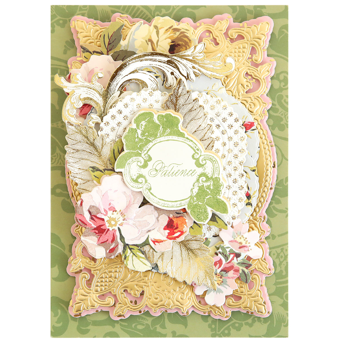 An ornate, 3d greeting card with floral designs and dies, including the word "patience" written in the center using Flower Language Stamps and Dies.