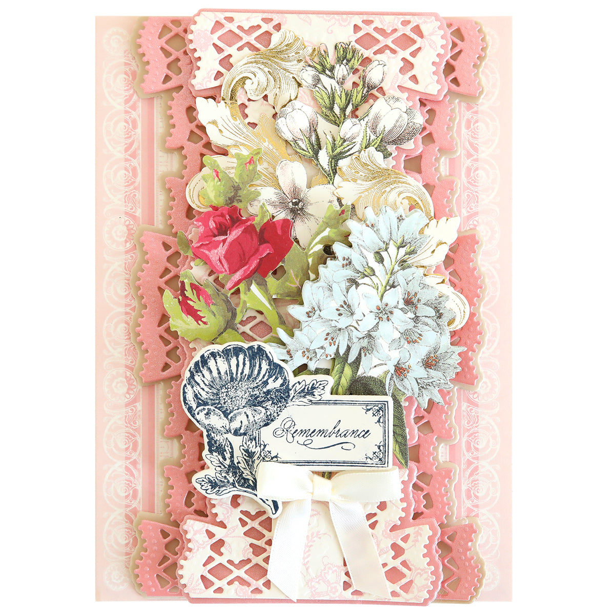 An ornate greeting card featuring a floral bouquet design with a "remembrance" tag, enhanced with Flower Language Stamps and Dies and a decorative ribbon.