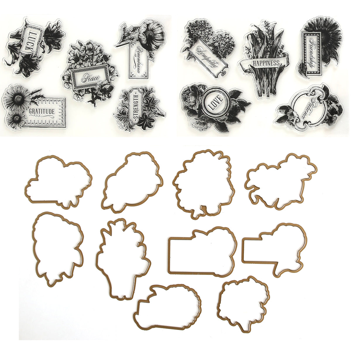 A collection of Flower Language stamps, clear stamps, and die-cut paper shapes with flowers and framed designs, some featuring words like "gratitude," "faith," and "happiness" on a white background.