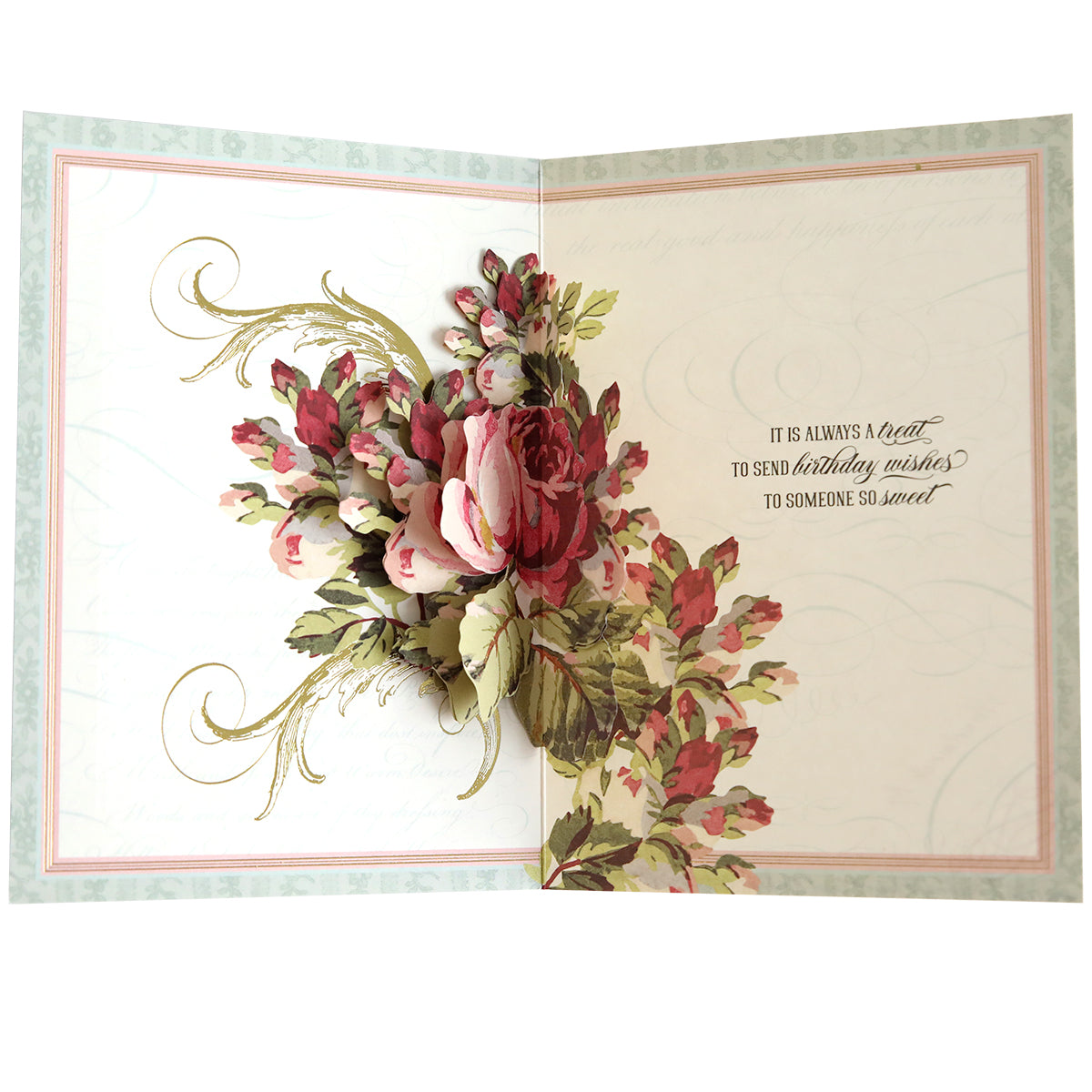 An open greeting card crafted with the Folded Flower Birthday Card Kit, featuring a floral bouquet design and the words "It is always nice to send birthday wishes to someone so sweet.